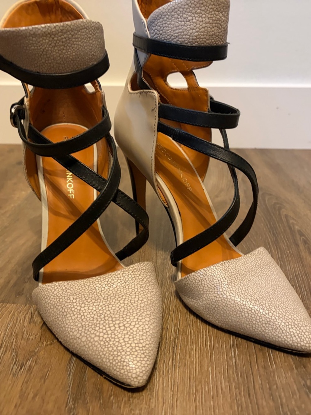Rebecca Minkoff Pointed-Strap High Heels in Cream and Black